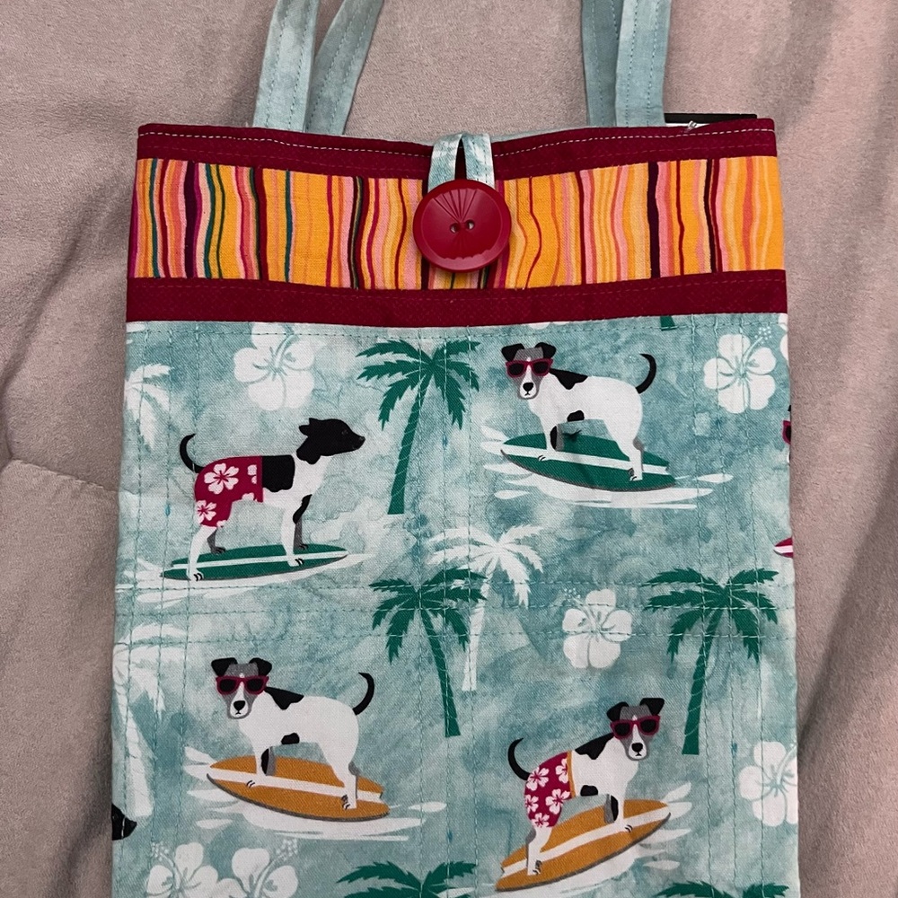 HAND SEWN Mini Tote Bag Tropical Surfing Dogs Print. 
All Fabric
Button Closure